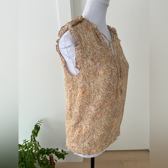 REBECCA TAYLOR Sleeveless Lined Pullover Blouse Ruffle Floral Crinkle Metallic - Picture 4 of 16